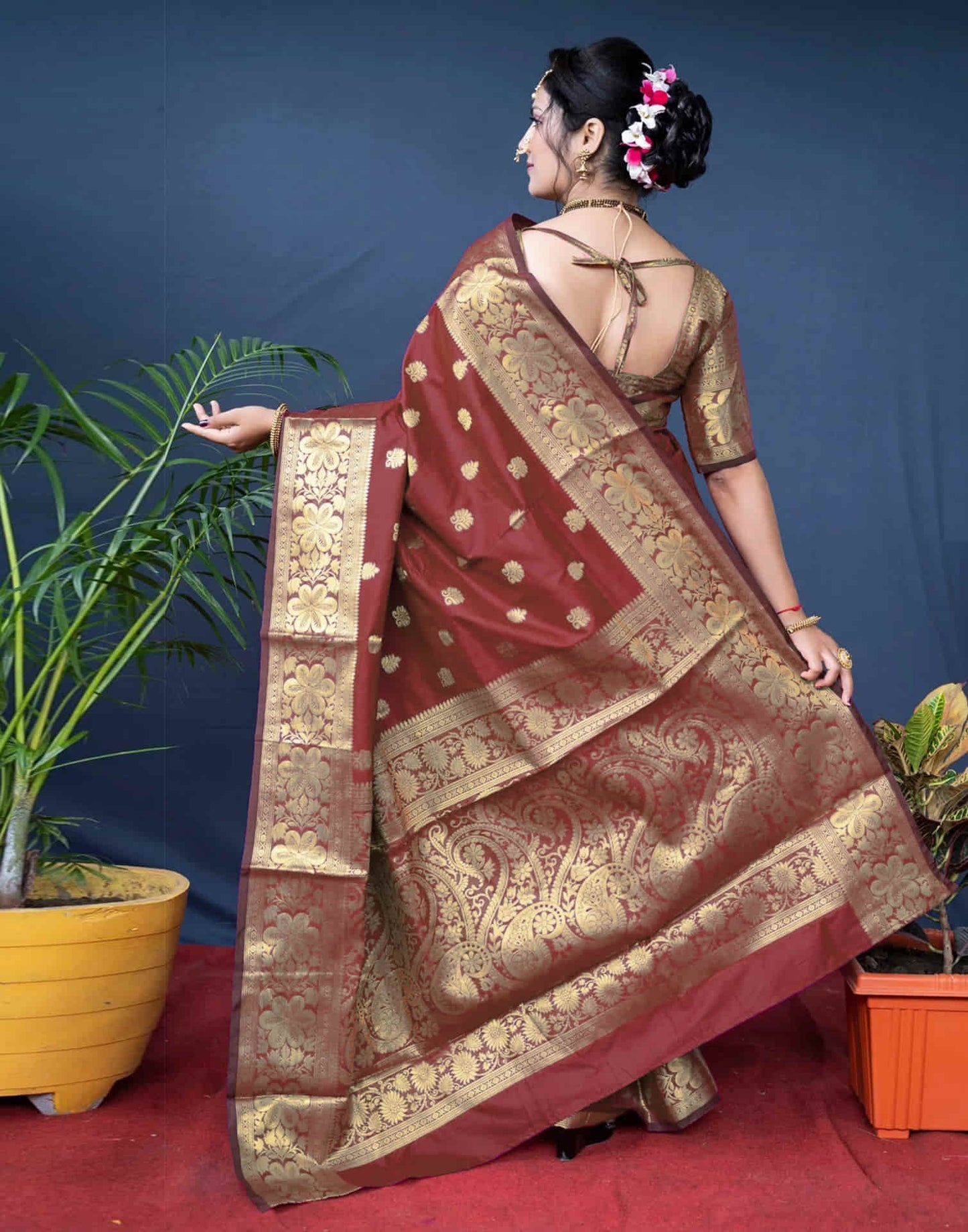 KeKoVi Dark Bottle Green Banarasi Silk Blend Saree with Rich Gold Zari Woven Border & Unstitched Blouse