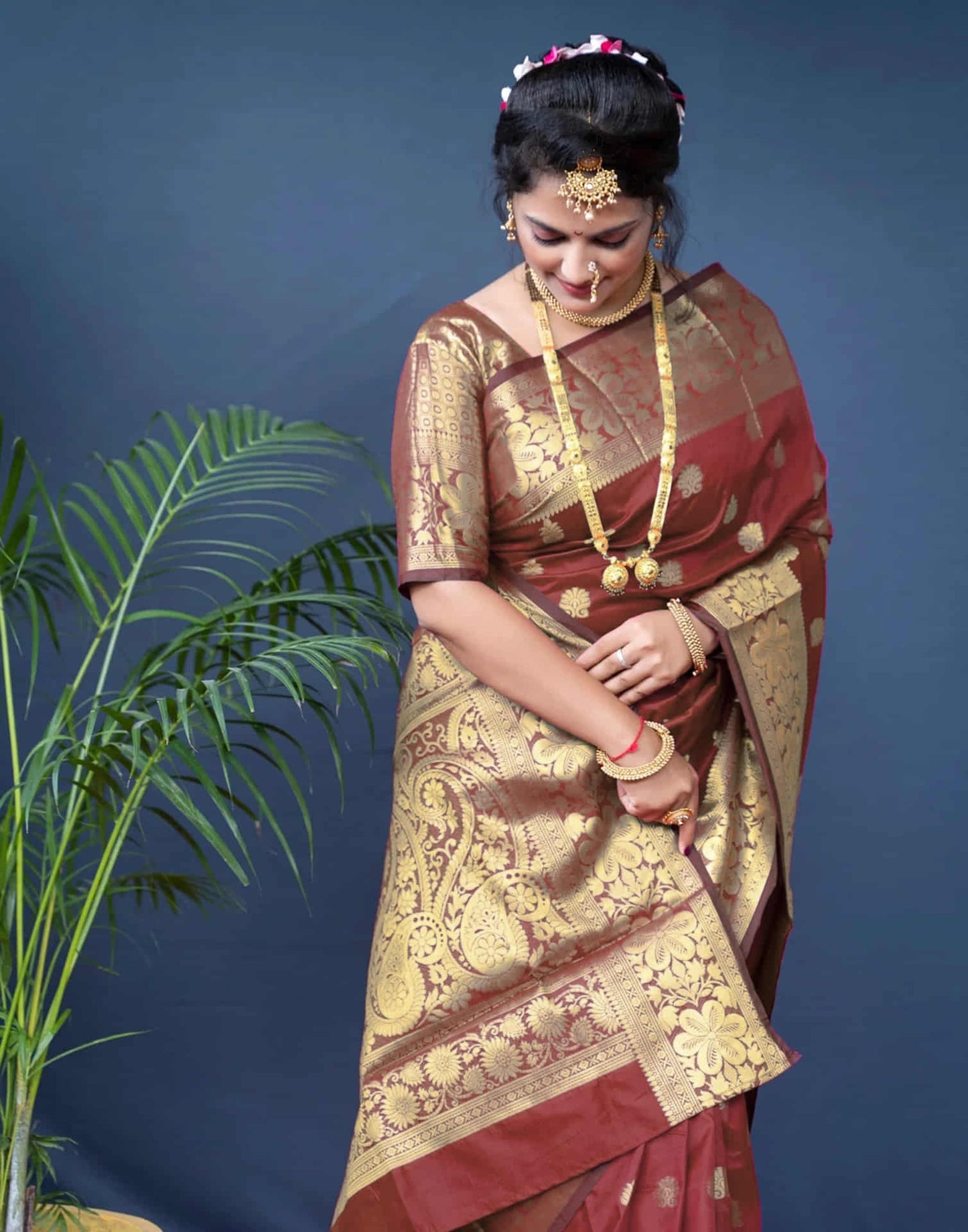 KeKoVi Dark Bottle Green Banarasi Silk Blend Saree with Rich Gold Zari Woven Border & Unstitched Blouse