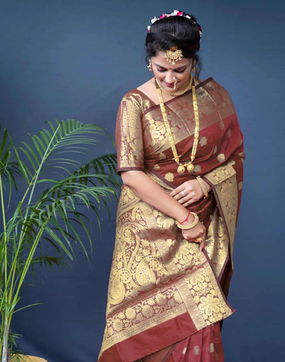 KeKoVi Dark Bottle Green Banarasi Silk Blend Saree with Rich Gold Zari Woven Border & Unstitched Blouse