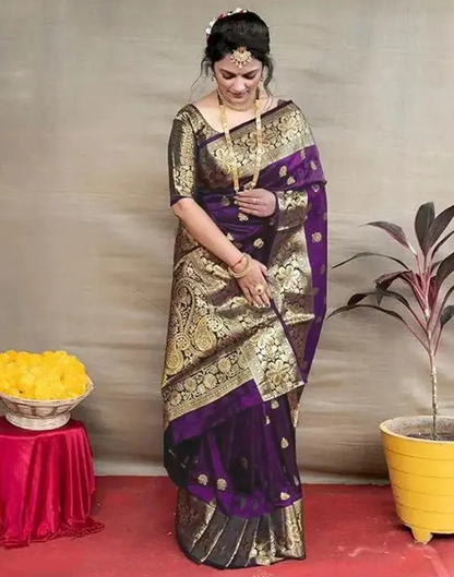 KeKoVi Dark Bottle Green Banarasi Silk Blend Saree with Rich Gold Zari Woven Border & Unstitched Blouse