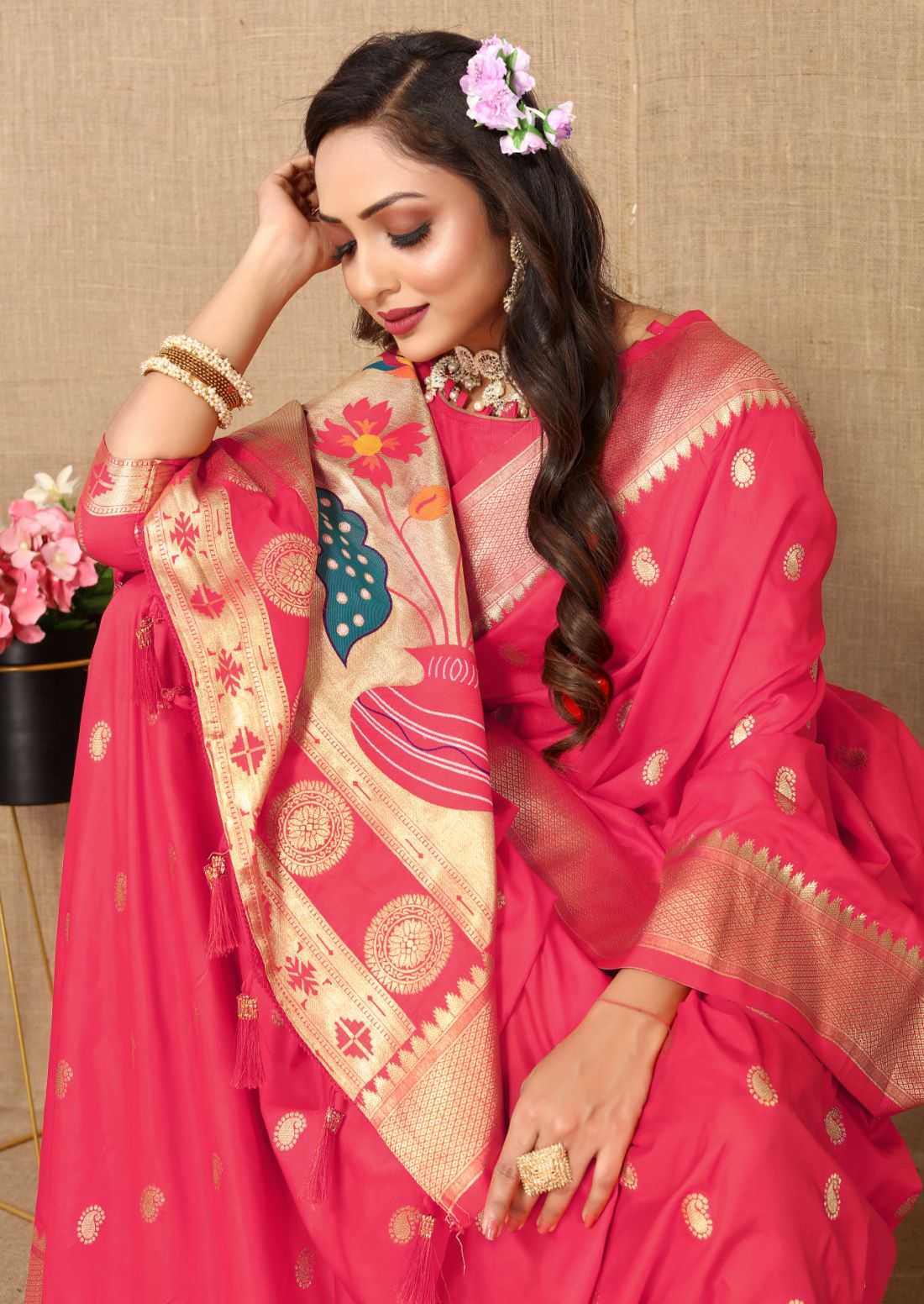 Pink Color Zari Woven Soft Paithani Silk Sarees With Rich Weaving Pallu with tassels.