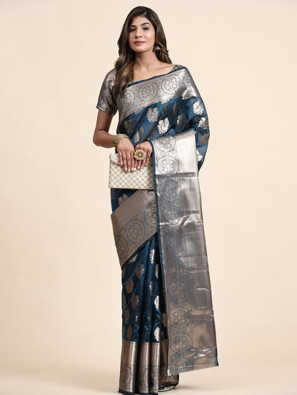 Nevy Blue Color Women’s Zari Woven Designer Soft Organza Silk Saree and Rich Pallu Weawing Unstitched Blouse With Blouse Piece.