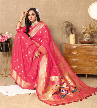 Pink Color Zari Woven Soft Paithani Silk Sarees With Rich Weaving Pallu with tassels.