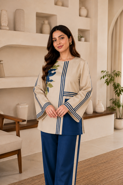 Women's Beige & Navy Blue Floral Co-Ord Set | Elegant Casual Wear