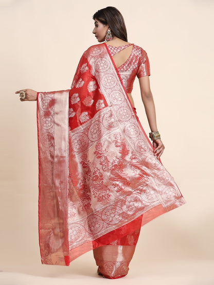 Red Color Women’s Zari Woven Designer Soft Organza Silk Saree and Rich Pallu Weawing Unstitched Blouse With Blouse Piece.