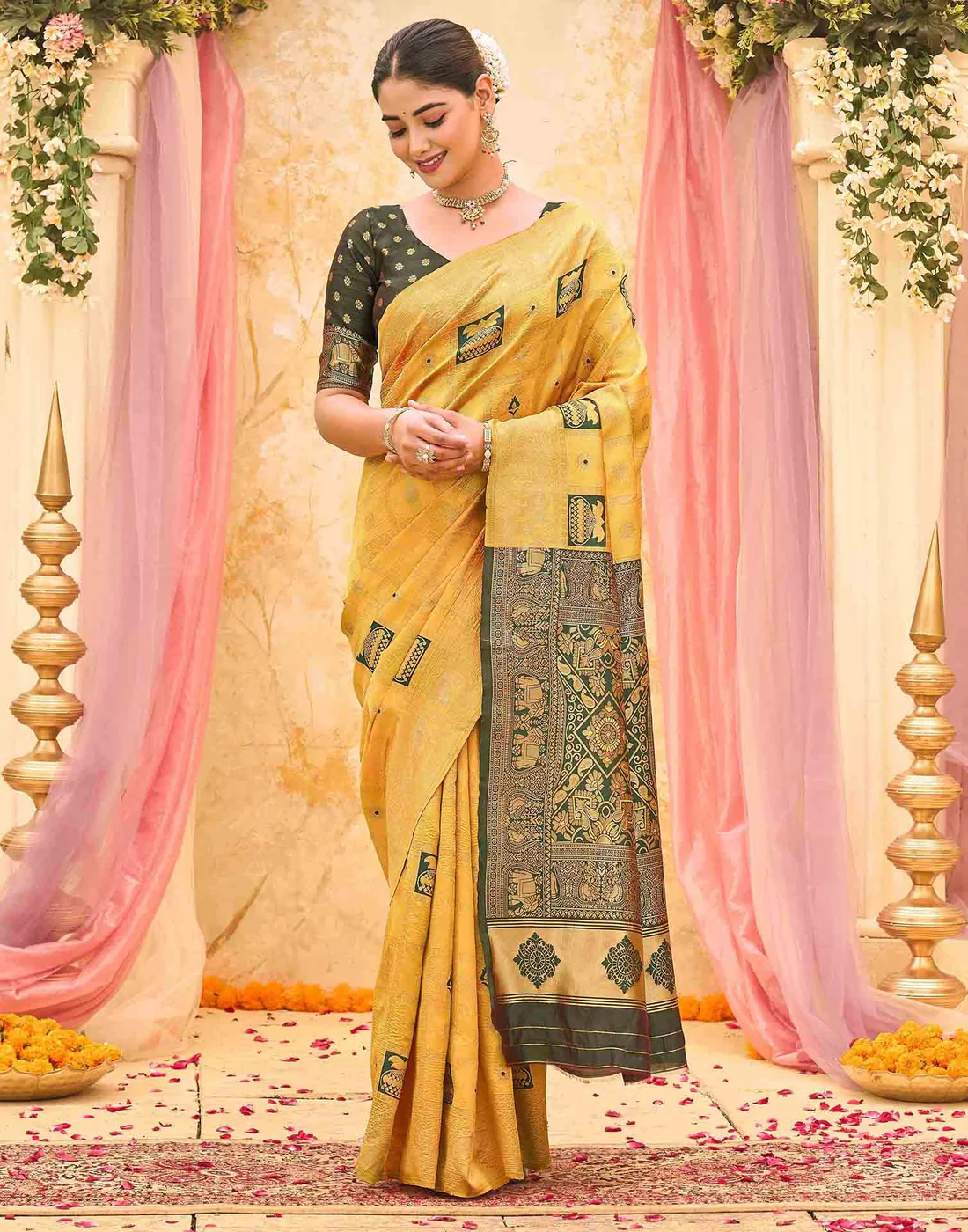 Women's Mustard Yellow Banarasi Silk Saree with Rich Woven Zari Border & Unstitched Blouse