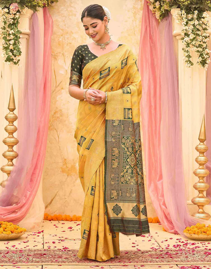 Women's Mustard Yellow Banarasi Silk Saree with Rich Woven Zari Border & Unstitched Blouse