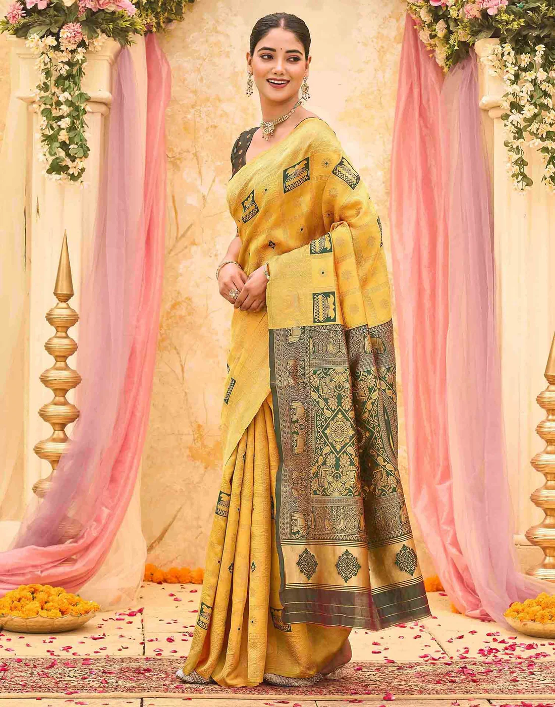 Women's Mustard Yellow Banarasi Silk Saree with Rich Woven Zari Border & Unstitched Blouse