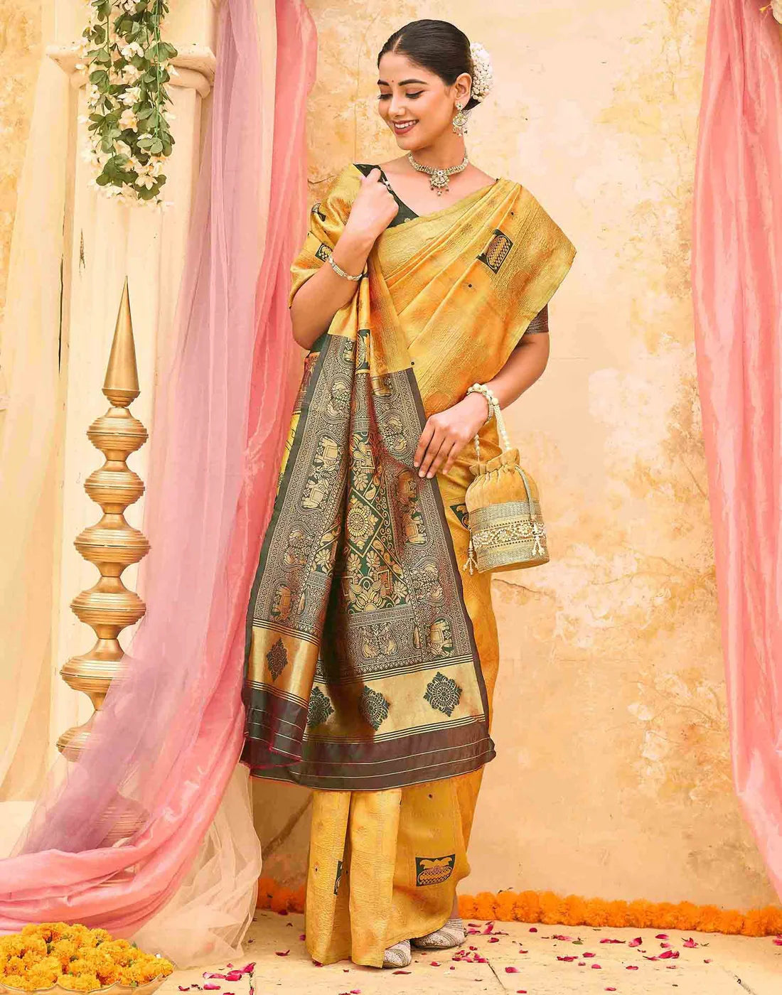 Women's Mustard Yellow Banarasi Silk Saree with Rich Woven Zari Border & Unstitched Blouse
