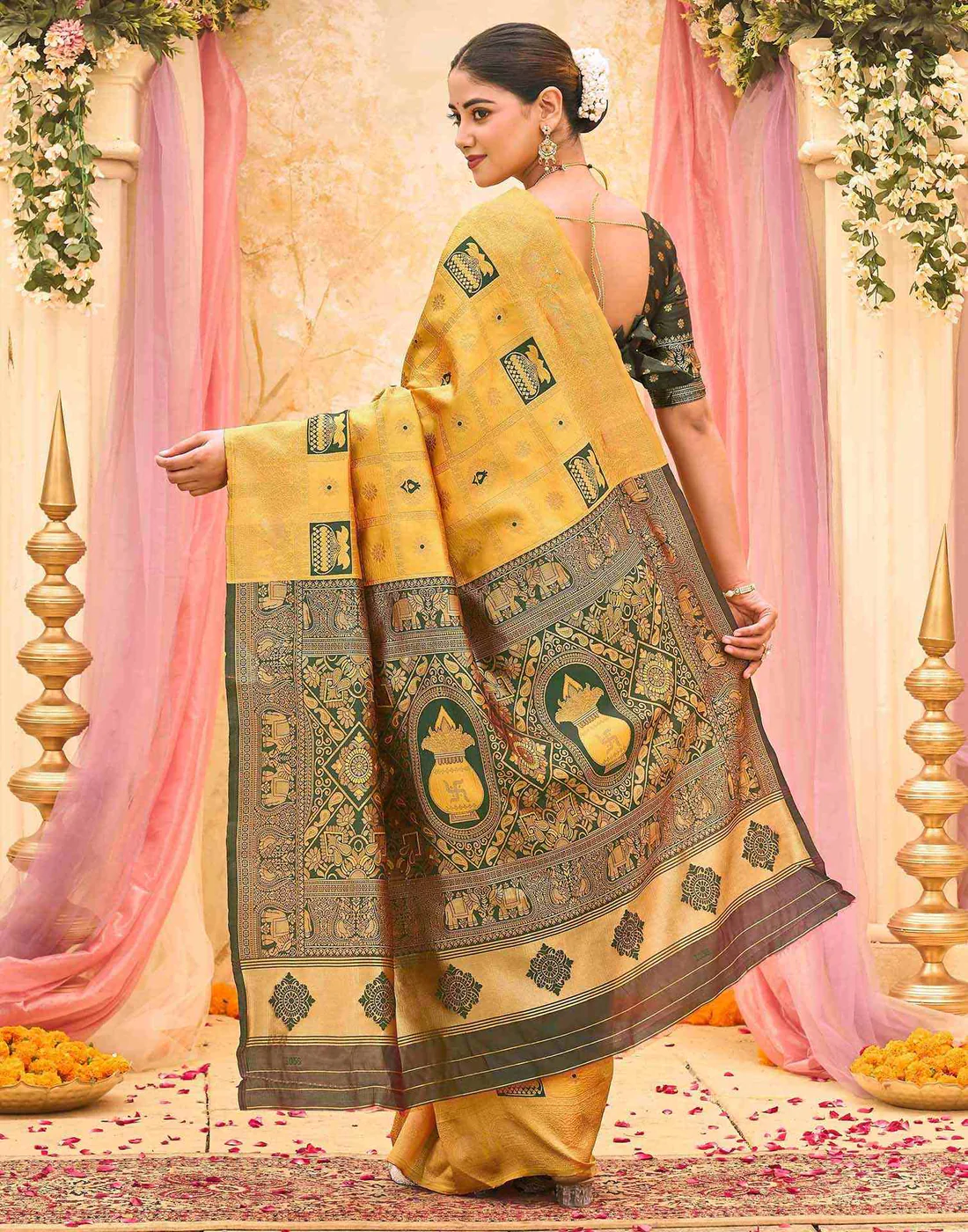 Women's Mustard Yellow Banarasi Silk Saree with Rich Woven Zari Border & Unstitched Blouse