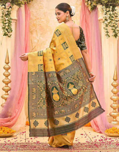 Women's Mustard Yellow Banarasi Silk Saree with Rich Woven Zari Border & Unstitched Blouse
