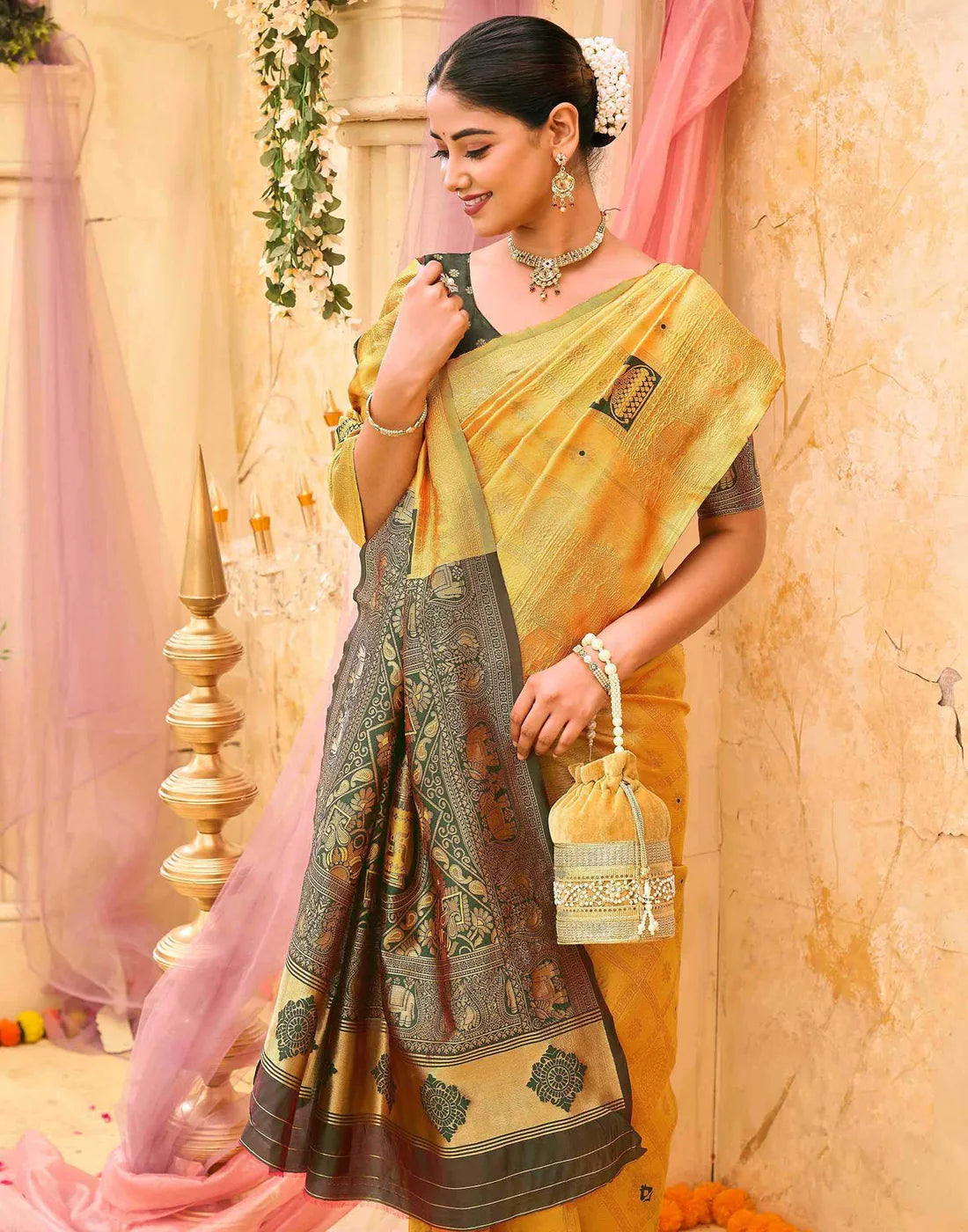Women's Mustard Yellow Banarasi Silk Saree with Rich Woven Zari Border & Unstitched Blouse