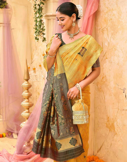 Women's Mustard Yellow Banarasi Silk Saree with Rich Woven Zari Border & Unstitched Blouse