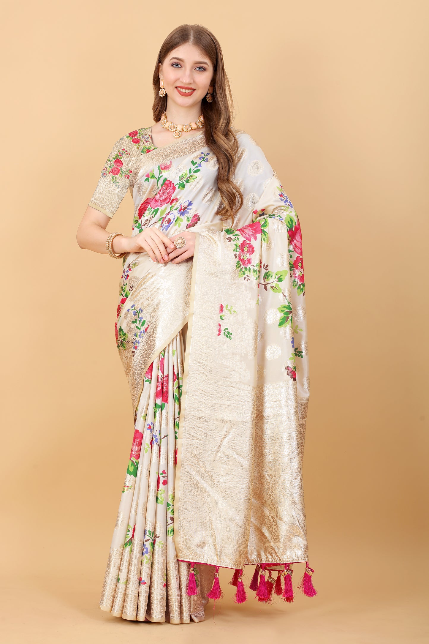 Soft Silk Saree with beautiful Floral Digital  Print all over the saree and Rich Zari weawing Pallu with  zari  weawing border & Tessels attach at Pallu end  , Blouse :- Silk weawing Blouse piece