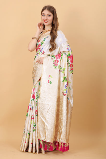 Soft Silk Saree with beautiful Floral Digital  Print all over the saree and Rich Zari weawing Pallu with  zari  weawing border & Tessels attach at Pallu end  , Blouse :- Silk weawing Blouse piece