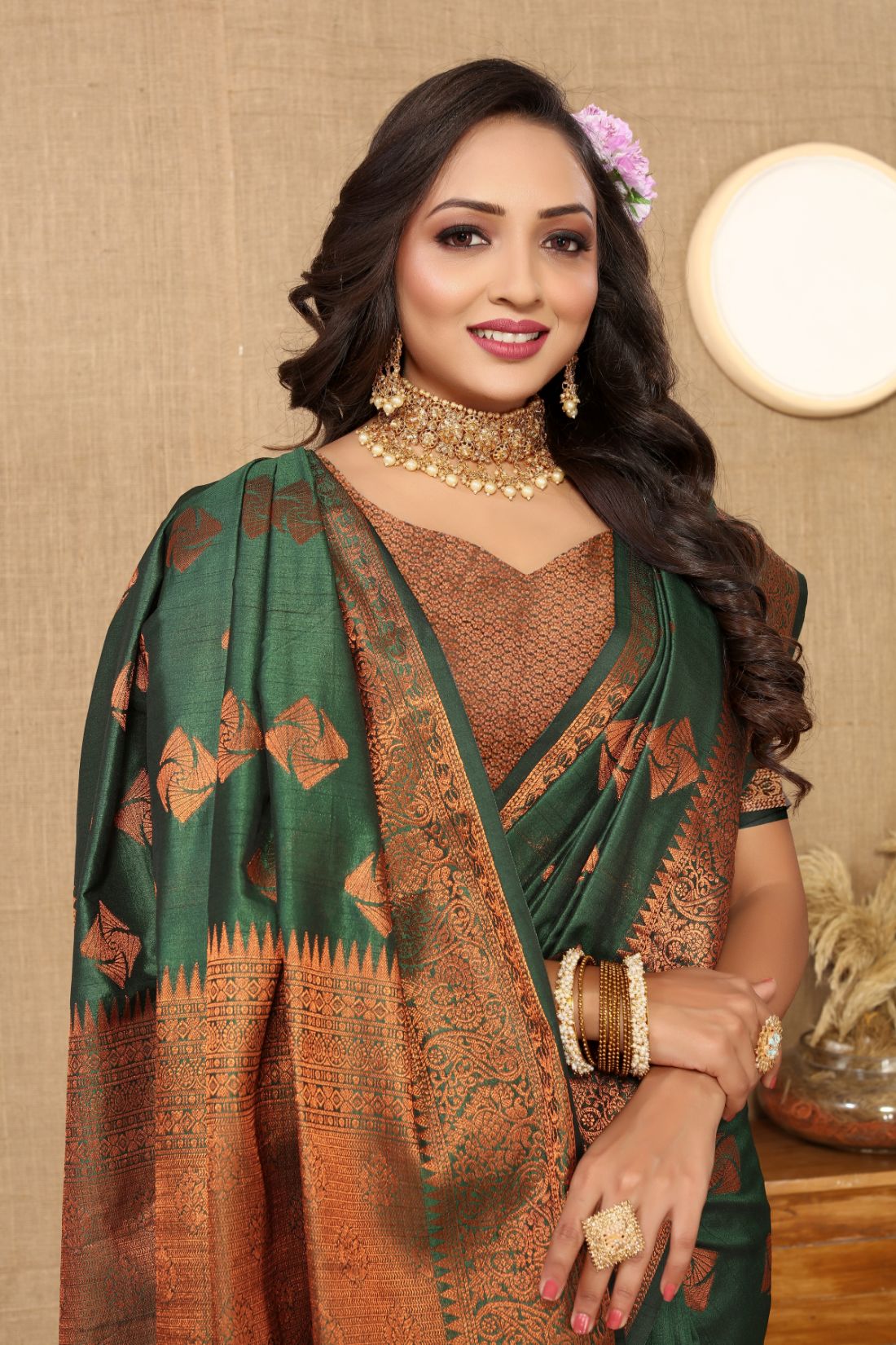 Dark Green Color Soft  Katan Silk saree with copper zari weawing design and Rich Zari weawing Pallu with Unstiched Blouse piece