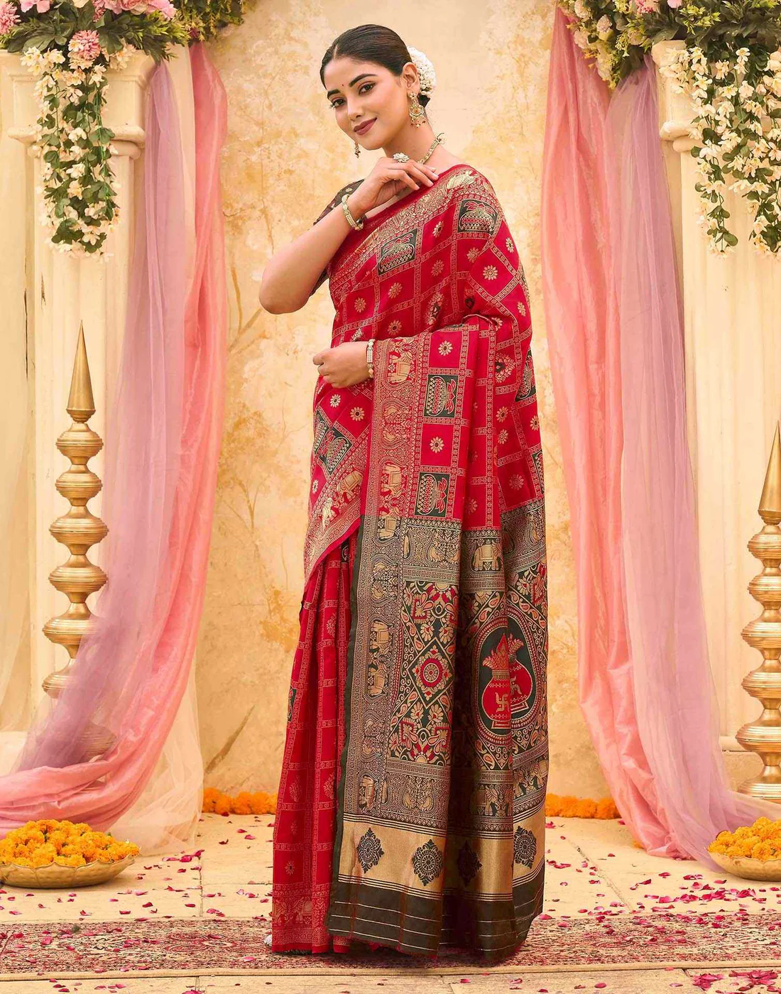 Women's Mustard Yellow Banarasi Silk Saree with Rich Woven Zari Border & Unstitched Blouse