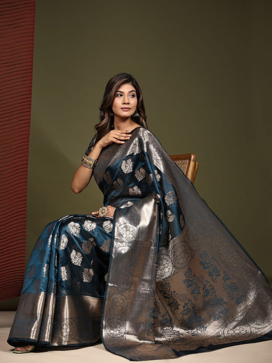 Nevy Blue Color Women’s Zari Woven Designer Soft Organza Silk Saree and Rich Pallu Weawing Unstitched Blouse With Blouse Piece.