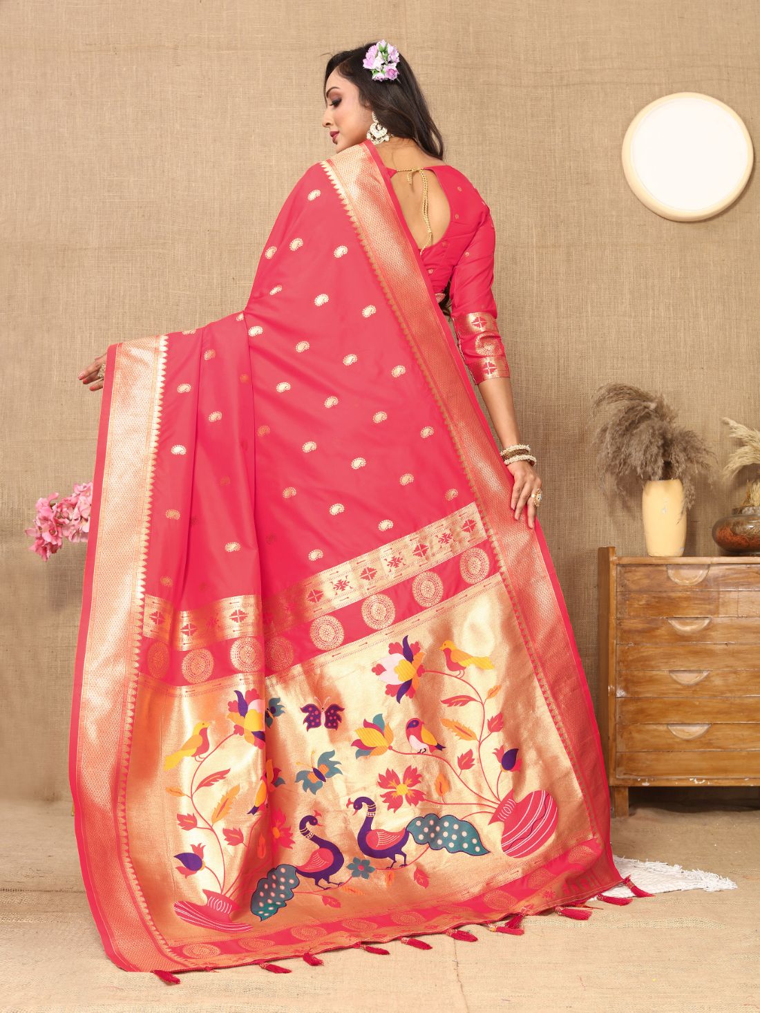 Pink Color Zari Woven Soft Paithani Silk Sarees With Rich Weaving Pallu with tassels.