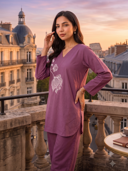 Women's Mauve Floral Printed Cotton Night Suit Set | V-Neck Full Sleeve Lounge Wear