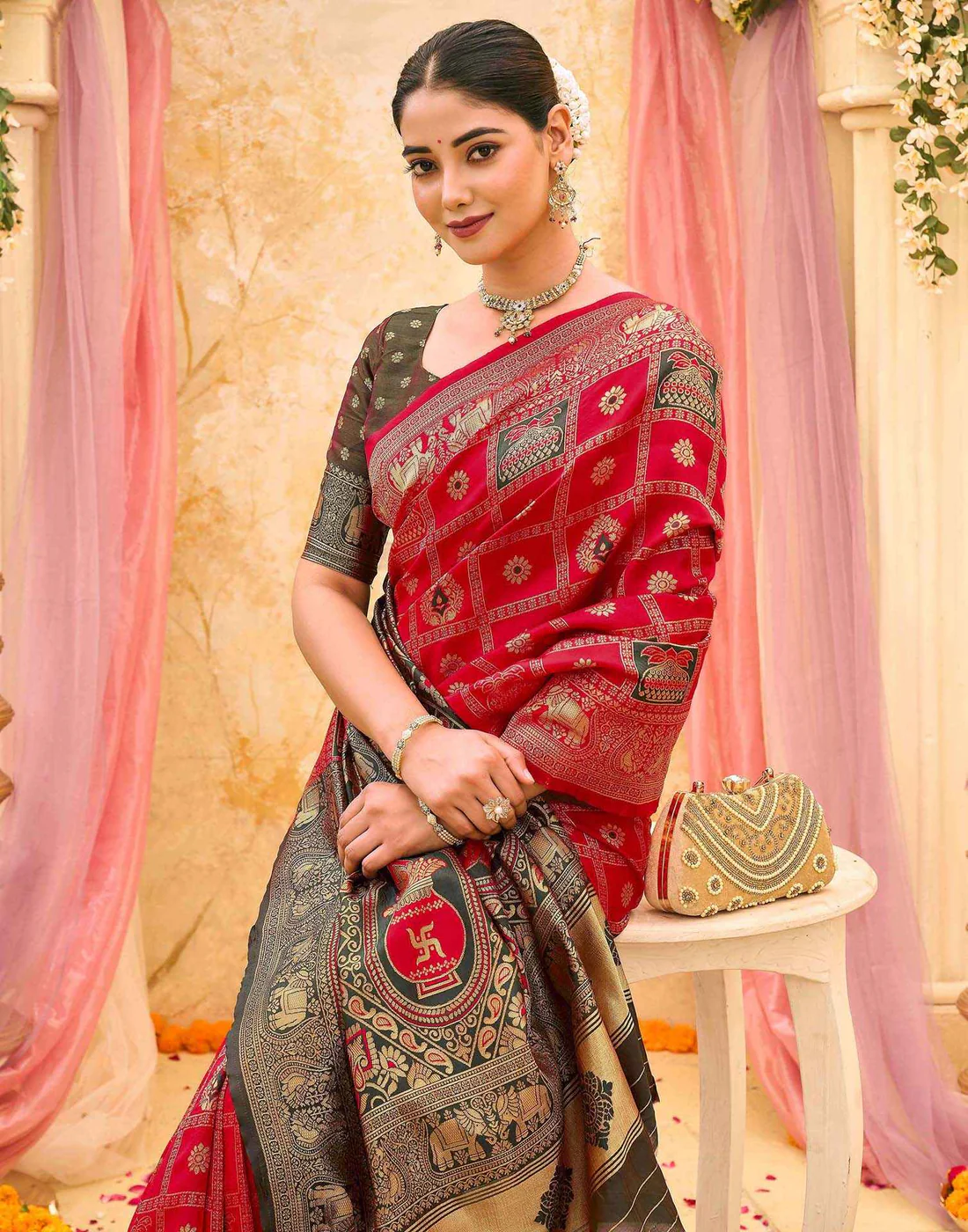 Women's Mustard Yellow Banarasi Silk Saree with Rich Woven Zari Border & Unstitched Blouse