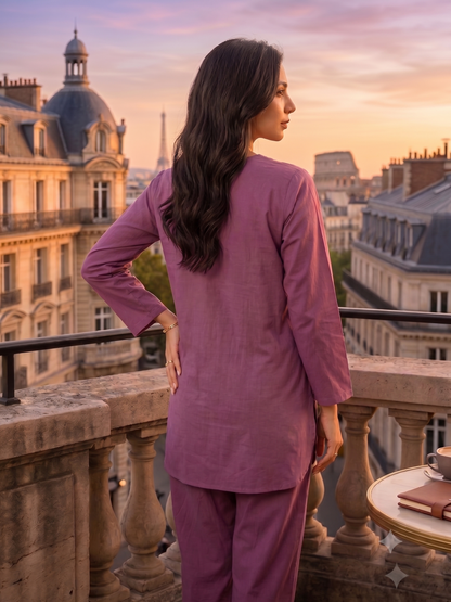 Women's Mauve Floral Printed Cotton Night Suit Set | V-Neck Full Sleeve Lounge Wear