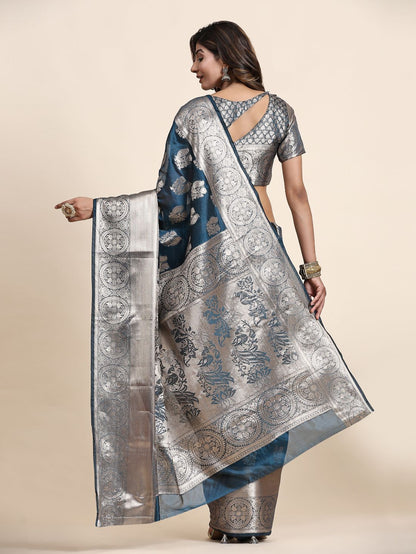 Nevy Blue Color Women’s Zari Woven Designer Soft Organza Silk Saree and Rich Pallu Weawing Unstitched Blouse With Blouse Piece.