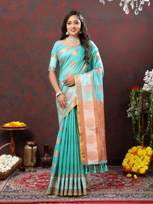 Light Blue Soft Cotton Silk Saree With Zari  Weawing Design  And Rich Zari Weawing Pallu With Contrast Border & Tessels Attach In Pallu With Unstiched Blouse Pieces.