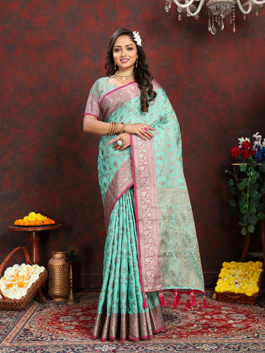 Light Blue Color Soft  katan silk saree with copper zari weawing design and Rich Zari weawing Pallu with Unstiched Blouse piece.