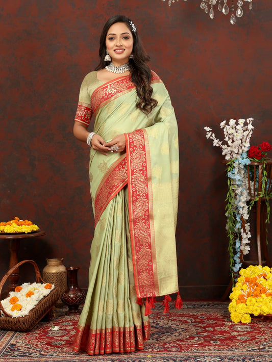 Light Green Soft Cotton Silk Saree with Zari  Weawing Design  and Rich Zari Weawing Pallu with Contrast Border & Tessels attach in Pallu with Unstiched Blouse Pieces.