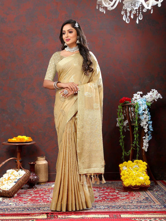 Cream Soft Cotton Silk Saree With Zari  Weawing Design  And Rich Zari Weawing Pallu With Contrast Border & Tessels Attach In Pallu With Unstiched Blouse Pieces.