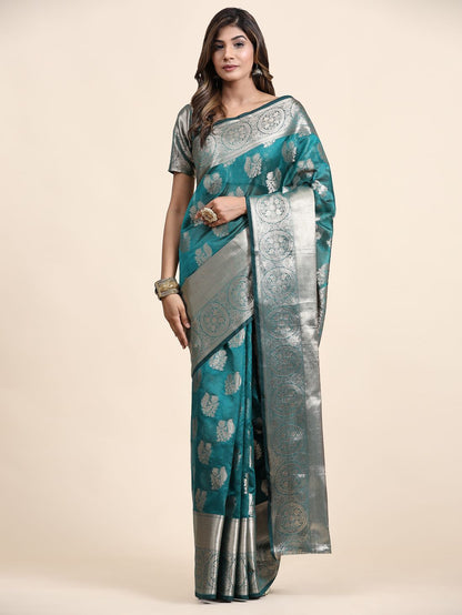 Aqua Blue Color Women’s Zari Woven Designer Soft Organza Silk Saree and Rich Pallu Weawing Unstitched Blouse With Blouse Piece.