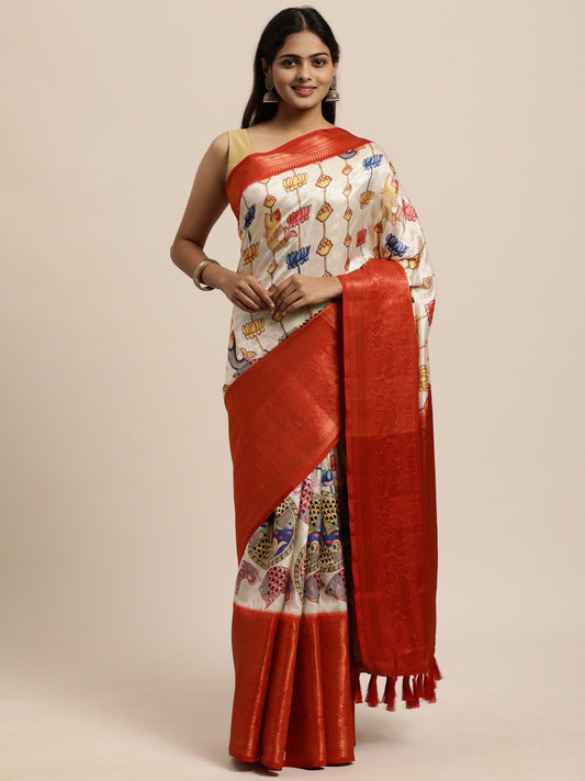 Soft Kanjivaram Silk Saree with Kalamkari Design.