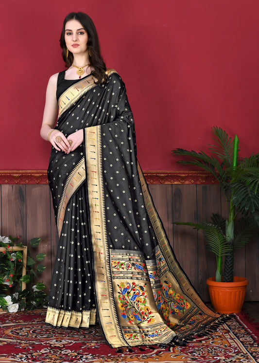 Soft Paithani Silk Saree with Gold Zari Weaving Motifs