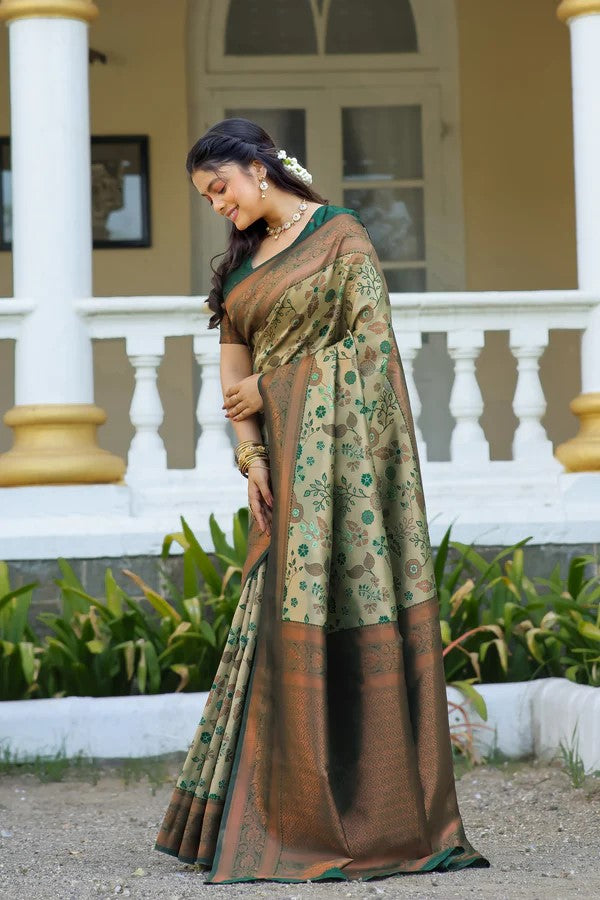 KeKoVi Olive Green Banarasi Silk Saree with Rich Zari Floral Weaving & Unstitched Blouse | Festive, Wedding & Party Wear