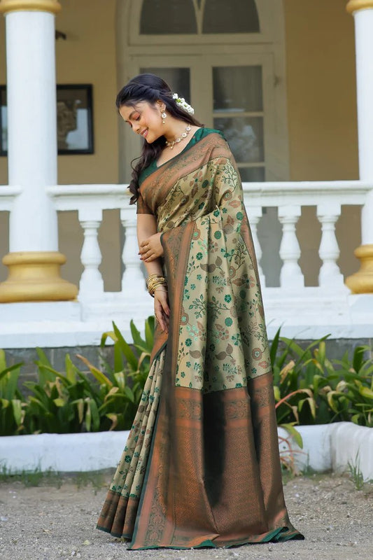 KeKoVi Olive Green Banarasi Silk Saree with Rich Zari Floral Weaving & Unstitched Blouse | Festive, Wedding & Party Wear