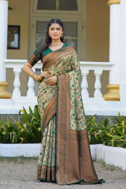 KeKoVi Olive Green Banarasi Silk Saree with Rich Zari Floral Weaving & Unstitched Blouse | Festive, Wedding & Party Wear