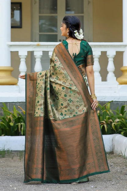 KeKoVi Olive Green Banarasi Silk Saree with Rich Zari Floral Weaving & Unstitched Blouse | Festive, Wedding & Party Wear