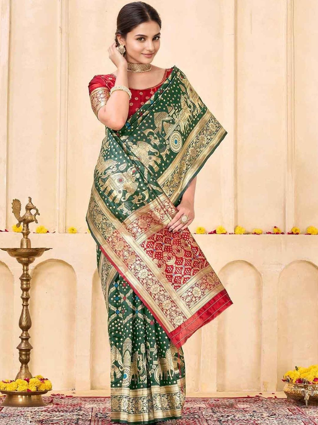 KeKoVi Women's Dark Green Banarasi Art Silk Saree with Rich Zari Border & Red Unstitched Blouse | Traditional Wedding & Festive Wear