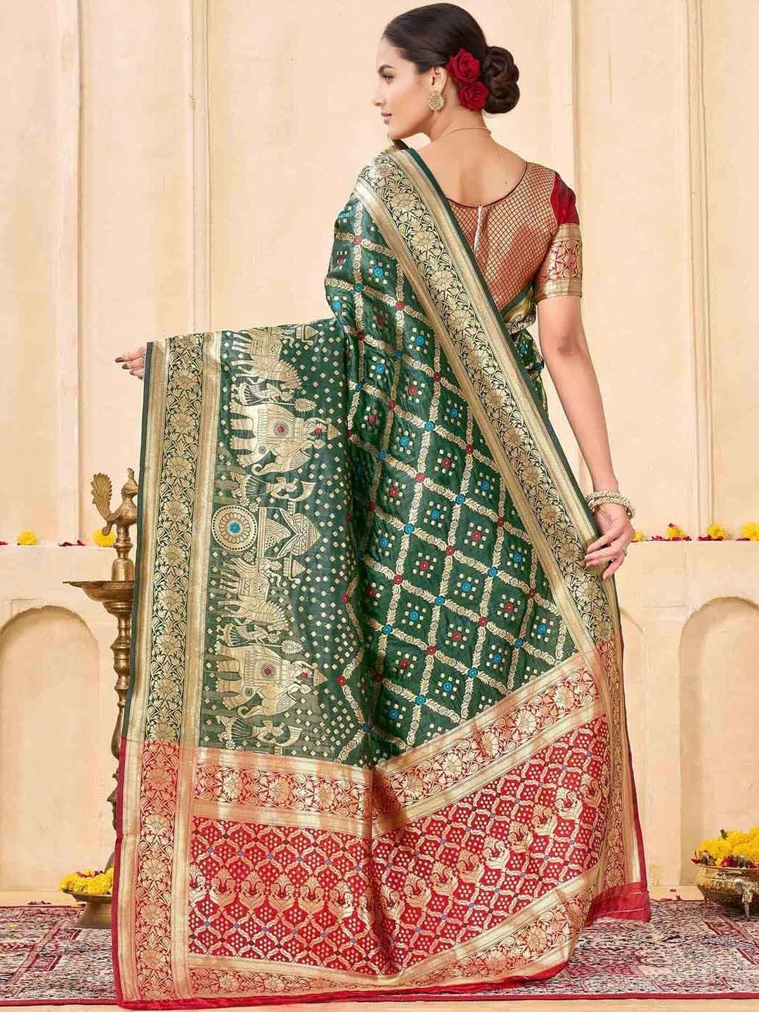 KeKoVi Women's Dark Green Banarasi Art Silk Saree with Rich Zari Border & Red Unstitched Blouse | Traditional Wedding & Festive Wear