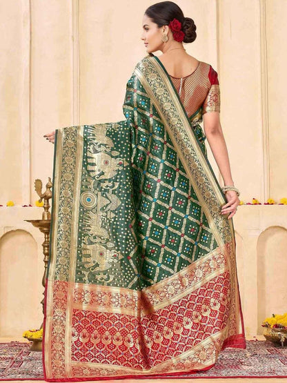 KeKoVi Women's Dark Green Banarasi Art Silk Saree with Rich Zari Border & Red Unstitched Blouse | Traditional Wedding & Festive Wear
