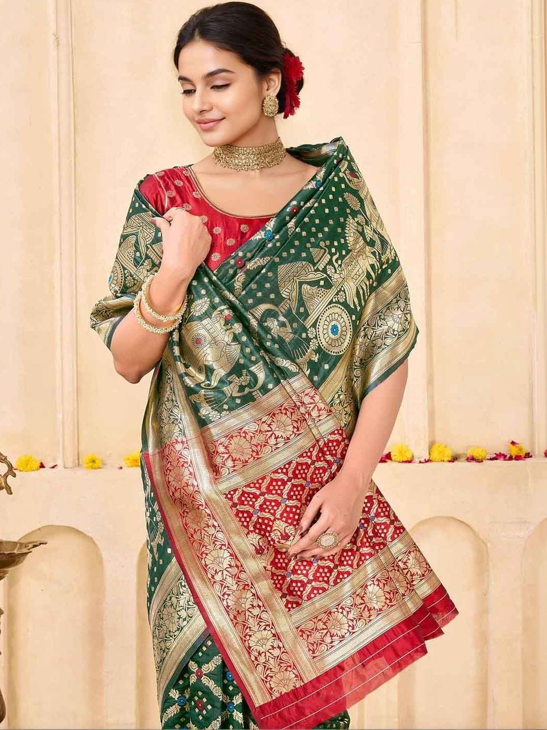 KeKoVi Women's Dark Green Banarasi Art Silk Saree with Rich Zari Border & Red Unstitched Blouse | Traditional Wedding & Festive Wear