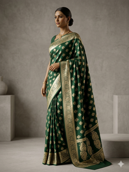 KeKoVi Women's Bottle Green Banarasi Silk Blend Saree with Rich Golden Zari Woven Buti & Traditional Border