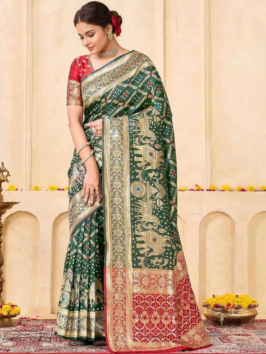 KeKoVi Women's Dark Green Banarasi Art Silk Saree with Rich Zari Border & Red Unstitched Blouse | Traditional Wedding & Festive Wear