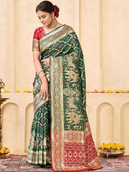 KeKoVi Women's Dark Green Banarasi Art Silk Saree with Rich Zari Border & Red Unstitched Blouse | Traditional Wedding & Festive Wear