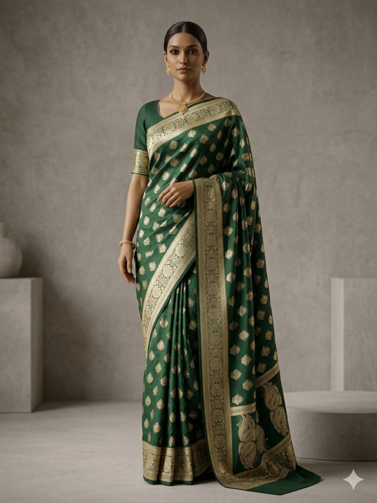 KeKoVi Women's Bottle Green Banarasi Silk Blend Saree with Rich Golden Zari Woven Buti & Traditional Border