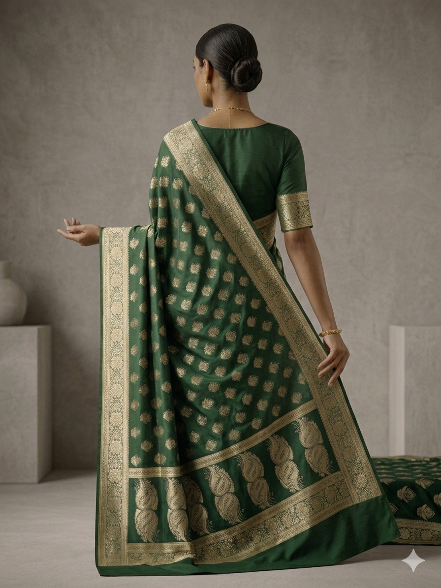 KeKoVi Women's Bottle Green Banarasi Silk Blend Saree with Rich Golden Zari Woven Buti & Traditional Border