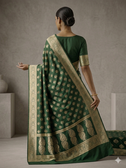 KeKoVi Women's Bottle Green Banarasi Silk Blend Saree with Rich Golden Zari Woven Buti & Traditional Border