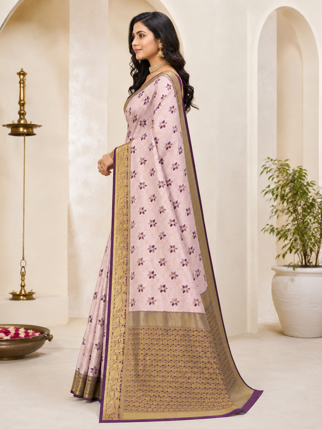 KeKoVi Soft Pink Floral Printed Saree with Rich Golden Zari Border & Designer Blouse Piece