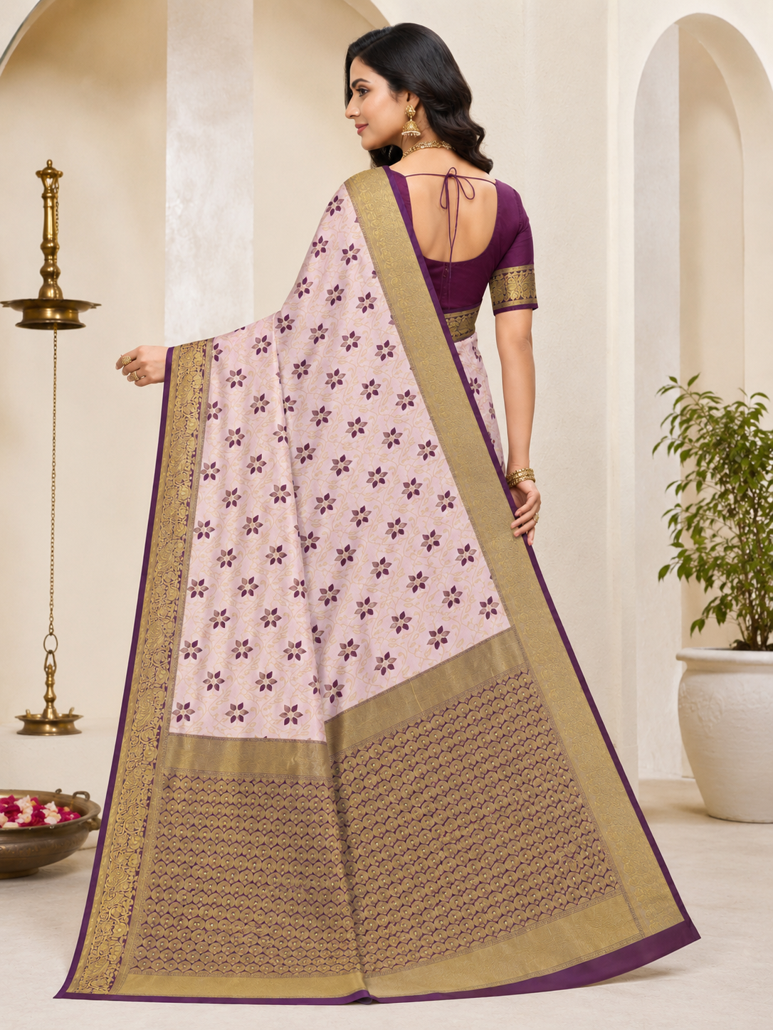 KeKoVi Soft Pink Floral Printed Saree with Rich Golden Zari Border & Designer Blouse Piece